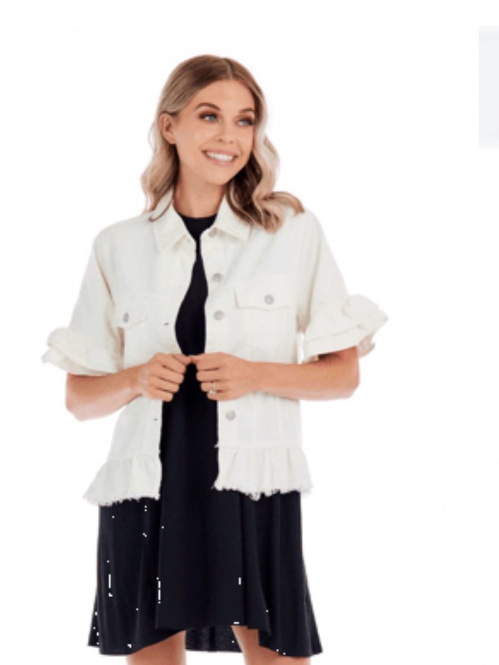 Mud Pie Cream Ruffle-Hem Short Sleeve Jean Jacket